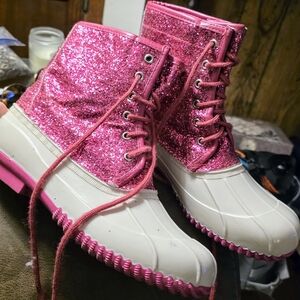 Sugar Hot Pink Glitter Lace-Up Duck Boots with White Shell